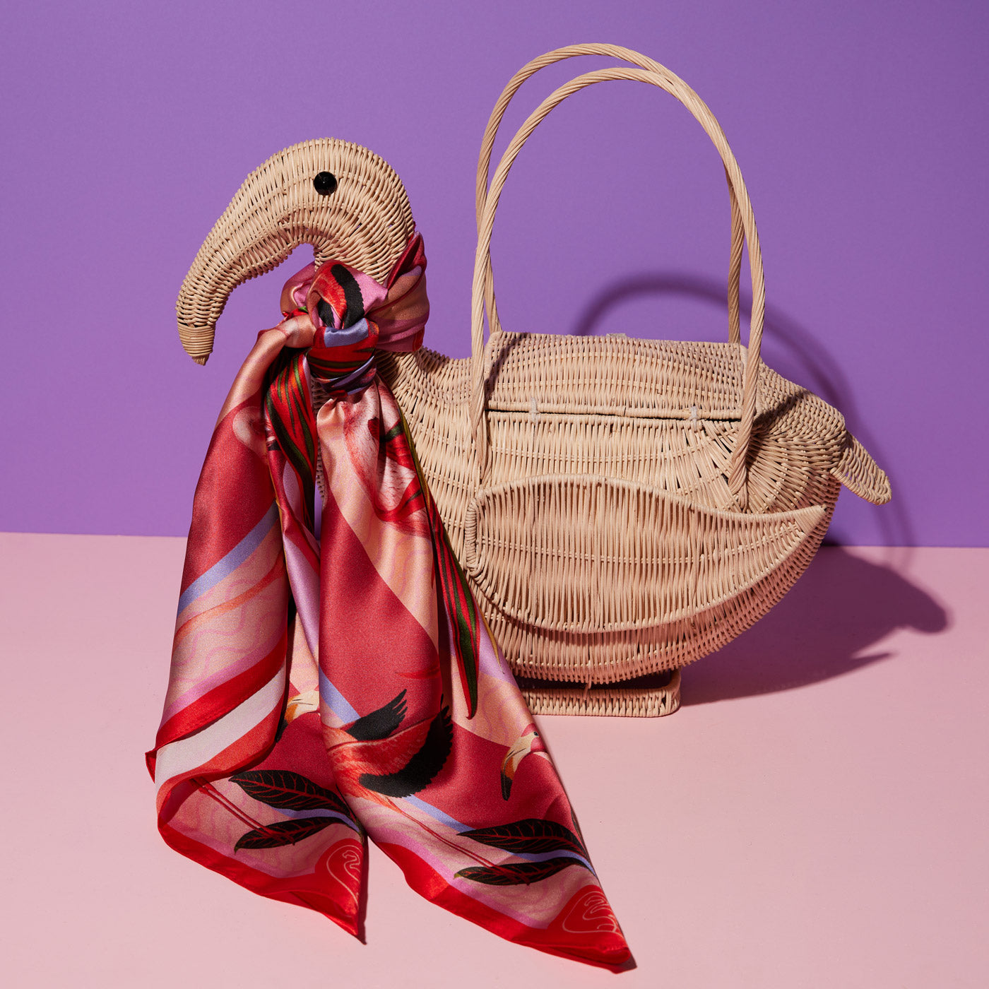 DIY flamingo purse wearing Wicker Darling's flamingo silk scarf