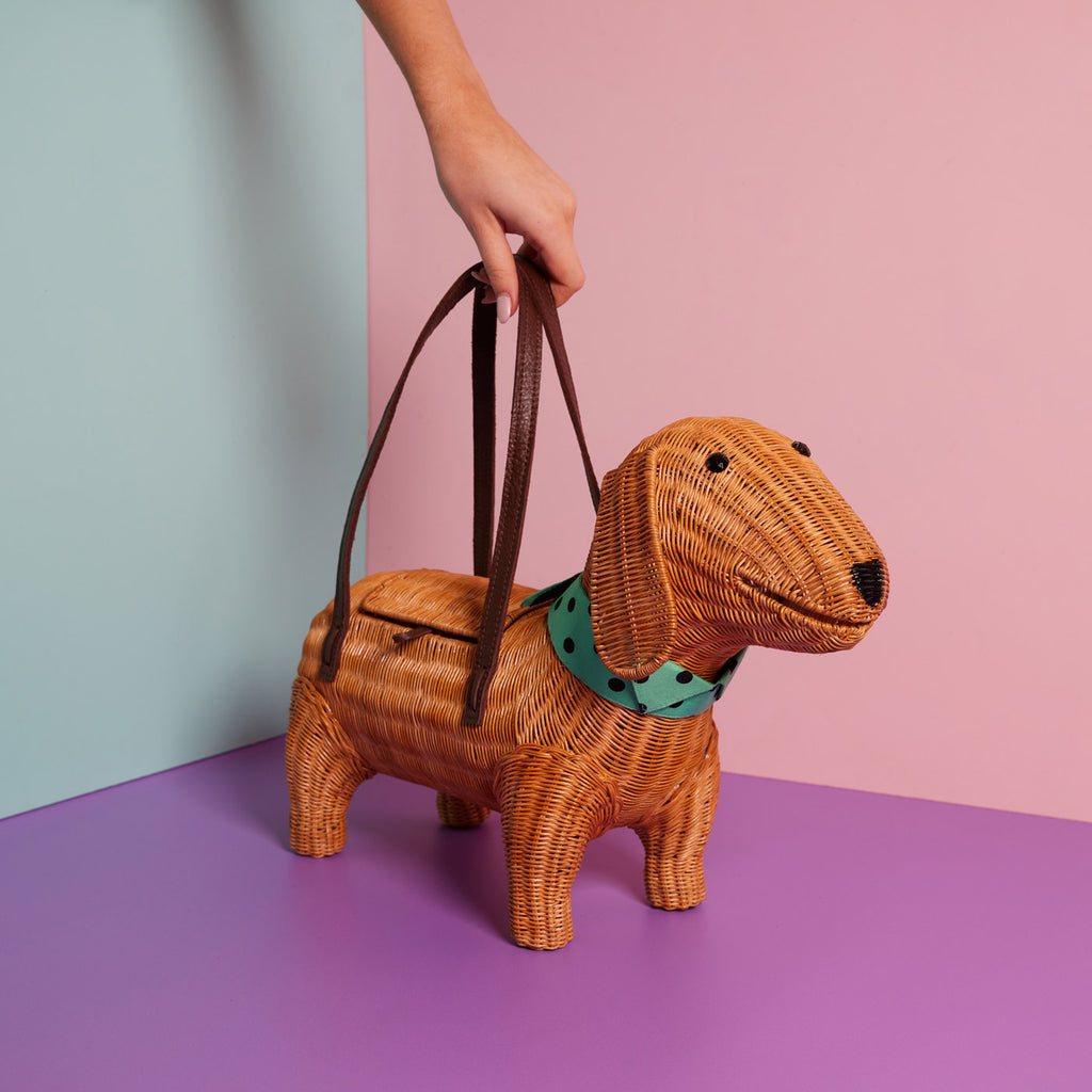 Wicker Darling Sausage Dog purse dog wicker