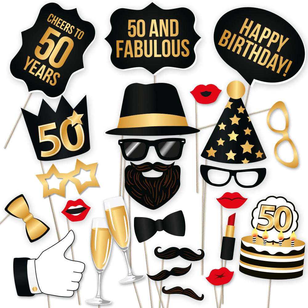 50th Birthday Photo Booth Props Black And Gold 34 Count Partygraphix