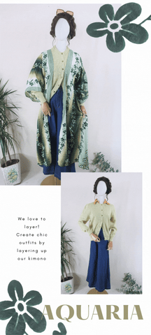 graphic of mannequin wearing Aquaria Kimono Dress - Vintage Sari - Deep Green Daisy Floral - Free Size XS styled with Vintage Woven Shirt - Mustard Yellow - Free Size M/L and Vintage Jumper - Lemon Sparkle Lurex Knit - Size S with text that reads 'we love to layer! Create chic outfits by layering up our kimonos' by all about audrey