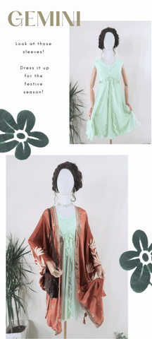 graphic of mannequin wearing Gemini hippie bell sleeve mini Kimono wrap dress in Auburn Brown Floral Print handmade from recycled 70s vintage Indian silk Sari in Size XL styled with Vintage Mini Dress - Pistachio Pastel Green Frill - Size S/M and Silver Plated Turkish Daisy Chain Necklace with text that reads 'look at those sleeves! Dress it up for the festive season!' by all about audrey
