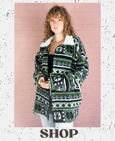 Vintage Zip Up Fleece - Juniper Green, Grey, Black & White - Free Size y2k style warm winter zip up jacket perfect for layering your winter boho looks by all about audrey