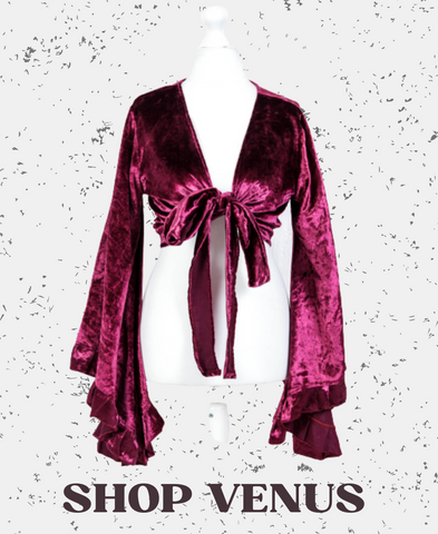 Venus Wrap Top - Rich Velvet - Mulberry Purple crushed velvet boho wrap top with long bell sleeves and frilly cuff that can be layered or worn on its own a handmade butterfly sleeve hippie top for every season by all about audrey