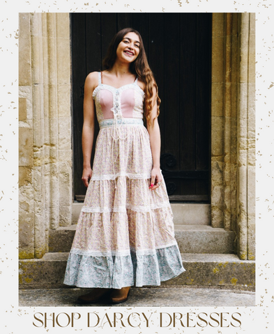 image of model wearing gunne sax 70s style Karina Kimono Mini Dress - Vintage Sari - Moss Green Acid Wash Floral - Free Size M/L 70s boho and prairie styling with velvet panels and a ditsy laura ashley floral print handmade by all about audrey