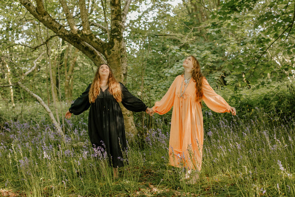 models wear primrose midi smock dresses handmade in sustainable cotton designed by all about audrey