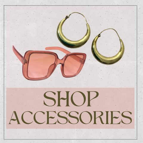 graphic with images of 70s Wide Frame Sunglasses in Almond Brown & Large Boho Gold Plated Brass Hoop Earrings with text that reads 'SHOP ACCESSORIES' with link to retro sunglasses, dried flower bracelets, boho turkish jewellery, pure silver rings and 24 karat gold necklaces sourced by all about audrey