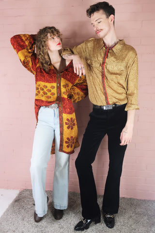 models wear bonnie and clyde shirts handmade in vintage sari fabrics gender neutral fashion by all about audrey