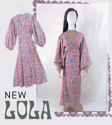 gif of two Lola bohemian maxi wrap dresses styled with vintage pieces. Outfit one features Lola Long Wrap Dress - Rose Red, Sage & Mercury Floral - Vintage Indian Sari - Size L/XL & Vintage Seafoam Suede Trench Coat - Size S. Outfit two features Lola Long Wrap Dress - Teal & Brass Floral - Vintage Indian Sari - Size S/M, SALE Vintage Shirt - Pale Blush Floral Embroidery - Size L/XL and Vintage Jumper - Fisherman's Best Cable Cardigan - Size M/L by all about audrey