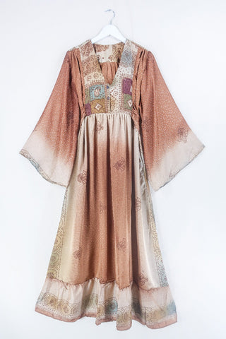 Lunar Maxi Dress - Vintage Sari - Copper Batik - Size S/M - handmade bohemian empire line long dress with waist ties, a frilly drop hem and long wide sleeves. Ethically sourced recycled 70s vintage indian silk sari by all about audrey