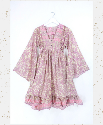 Lunar Mini Dress - Vintage Sari - Rose Gold Pink Winter Trees - Size XXS Petite - pink short hippie dress with empire line waist, long wide sleeves, waist ties and a button up collar handmade from a unique recycled 70s vintage indian silky sari by all about audrey