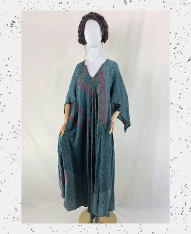 Goddess Dress - Sage Green & Ash Floral Mandala Jacquard - Vintage Sari - Free Size adini style maxi kaftan with long angel sleeves, patchwork design and handkerchief hem handmade from silky vintage 70s indian sari by all about audrey