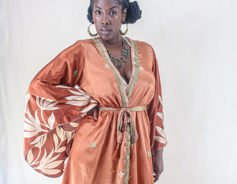 uk size 14 model wearing Gemini hippie bell sleeve mini Kimono wrap dress in Auburn Brown Floral Print handmade from recycled 70s vintage Indian silk Sari in Size XL by all about audrey