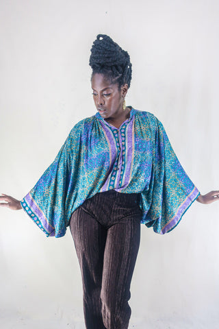 model wearing Ophelia Blouse - Jade Ocean Green Jacquard Tiles - Vintage Sari - Free Size by all about audrey