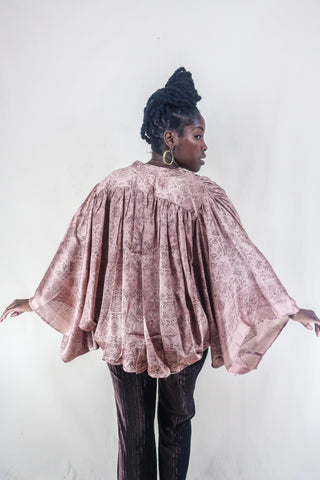 model wearing Ophelia Blouse - Dusky Twilight Pink Mandalas - Vintage Sari - Free Size by all about audrey