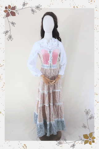 gif of styled mannequin wearing Karina Kimono Mini Dress - Vintage Sari - Moss Green Acid Wash Floral - Free Size M/L, Darcy Maxi Dress in Wild Strawberry Pink, Vintage White Oversized Lace Collar Blouse - Size S and Vintage Jumper - Summer bloom embroidered lightweight Cardigan - Size XS/S 70s bohemian styling by all about audrey