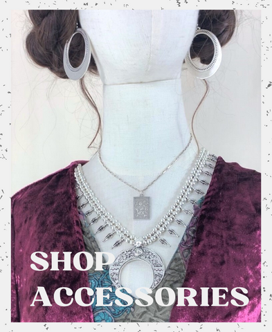 graphic that reads 'shop accessories' showing a mannequin wearing a chunky silver turkish crescent moon beaded boho pendant and St Christopher sterling silver tarot medallion by all about audrey 
