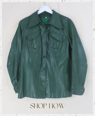 Vintage Leather Jacket - Bottle Green - Size S - retro real leather 70s button up jacket with a dagger collar and long buckle sleeves. A relaxed fit overjacket sourced by all about audrey