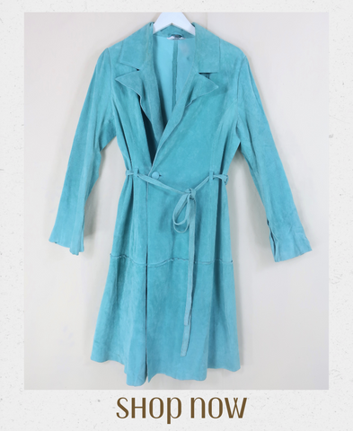 Vintage Seafoam Suede Trench Coat - Size S - bright blue 70s vintage hippie suede duster jacket with long split seam sleeves, notched collar and matching belt sourced by all about audrey