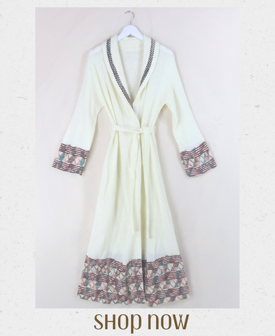 Vintage Knitted Magnolia Housecoat Cardigan - Free Size S/M vintage 70s cosy maxi length autumn knitwear with long sleeves and matching belt perfect for cottagecore styling sourced by all about audrey