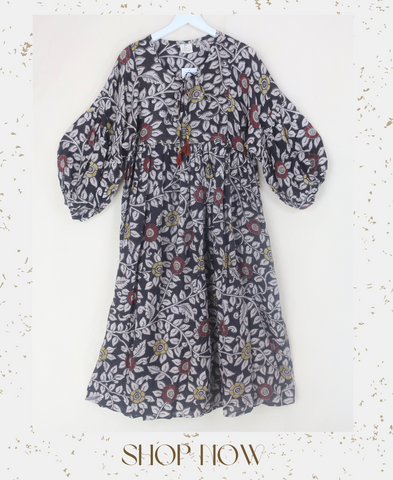 flat lay image of bohemian Daisy Midi Smock Dress - Vintage Indian Cotton - Darkest Brown & Oat Folky Floral - M/L cottagecore prairie midi length smock dress with balloon sleeves handmade from recycled 70s vintage indian organic cotton sari by all about audrey