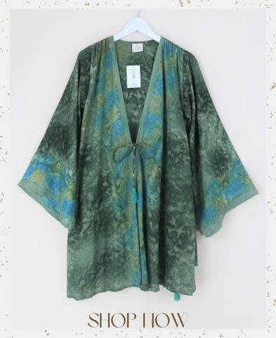 flat lay of boho Karina Kimono Mini Dress - Vintage Sari - Moss Green Acid Wash Floral - Free Size M/L 70s style kimono with pockets handmade from recycled vintage Indian sari by all about audrey