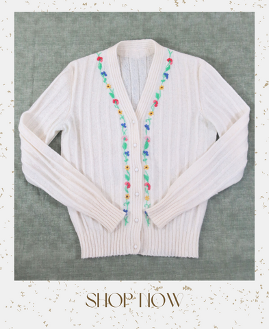 flat lay image of Vintage Jumper - Summer bloom embroidered lightweight Cardigan - Size XS/S cosy cottagecore prairie embroidered cardigan boho vintage sourced by all about audrey
