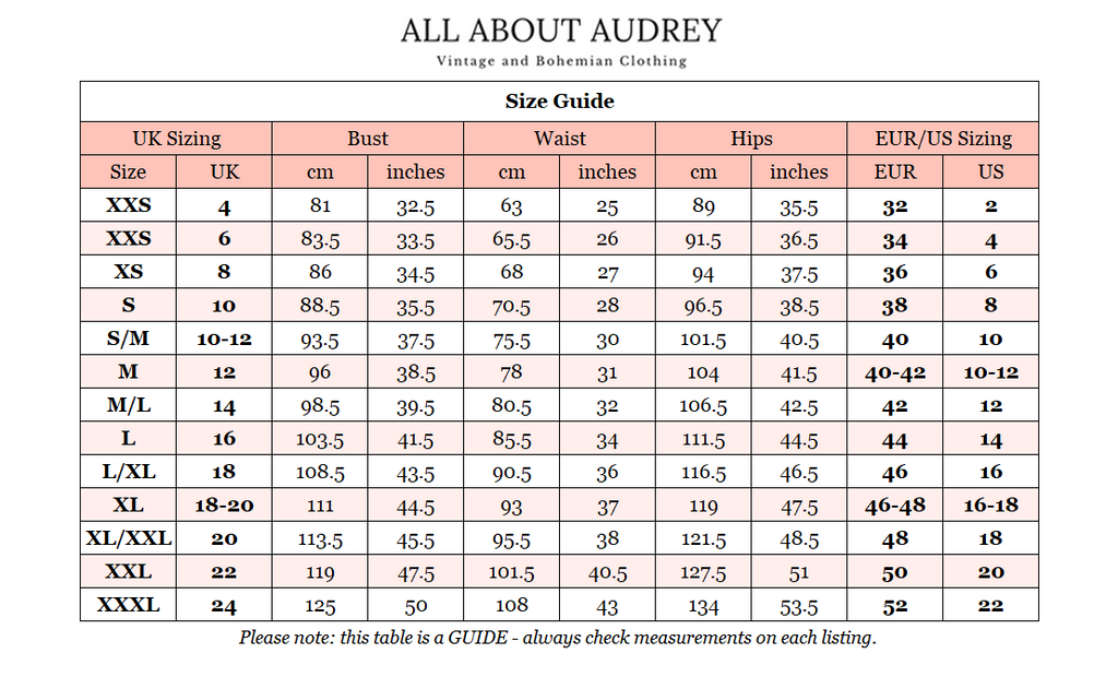 Size Conversion Guide | Vintage & Bohemian Clothing | All About Audrey –  All About Audrey Vintage Boutique