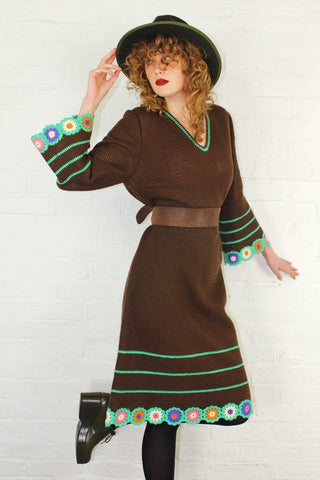 70's Vintage Crochet Midi Dress - Chocolate brown with Groovy Florals - Size M/L all about audrey