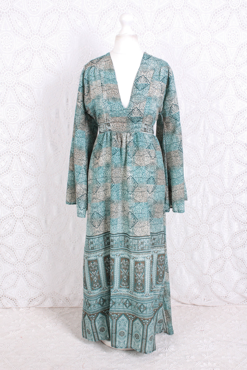 Stevie Maxi Dress - Vintage Indian Sari - Submerged Aqua Mosaic - XS ...