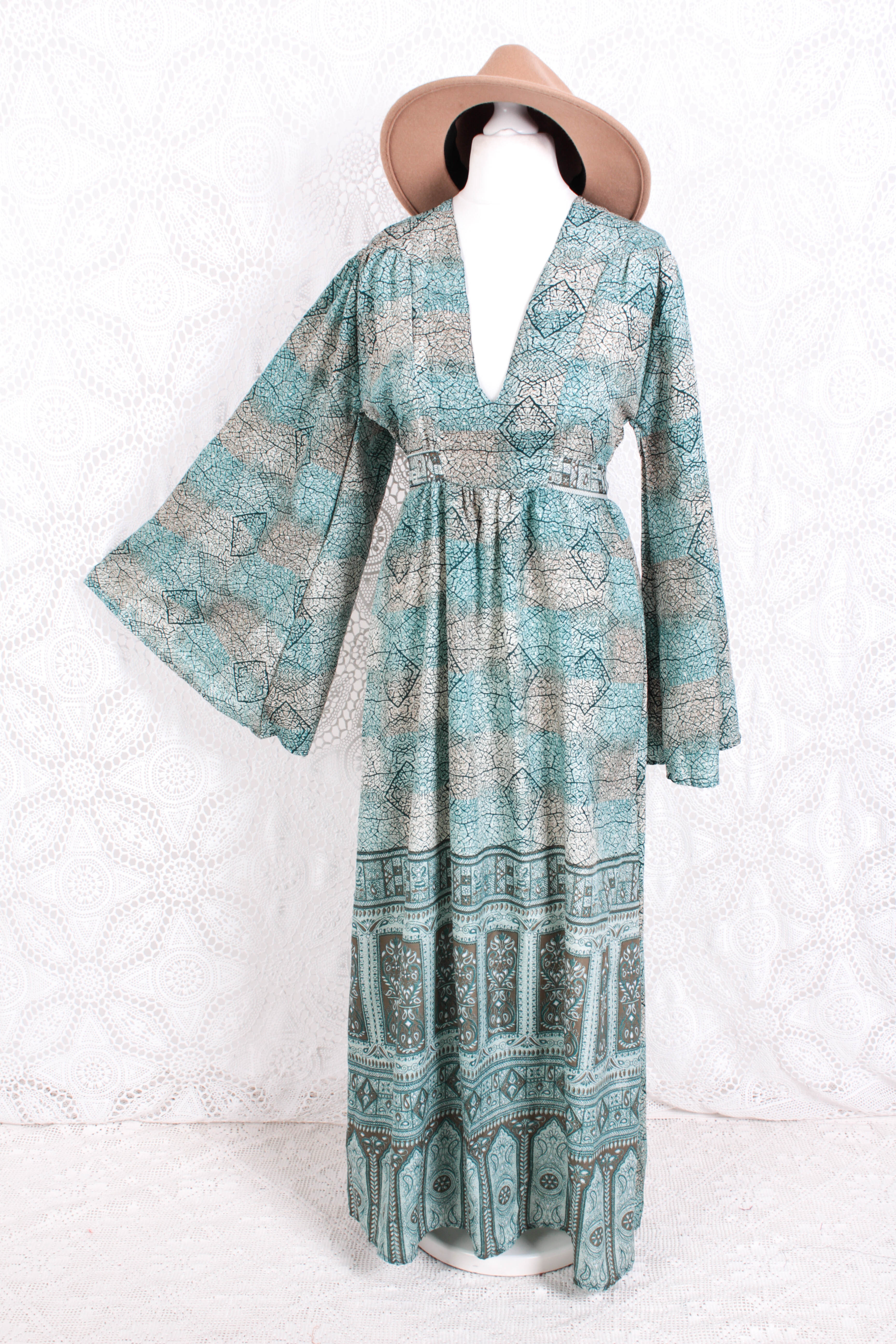 Stevie Maxi Dress - Vintage Indian Sari - Submerged Aqua Mosaic - XS ...