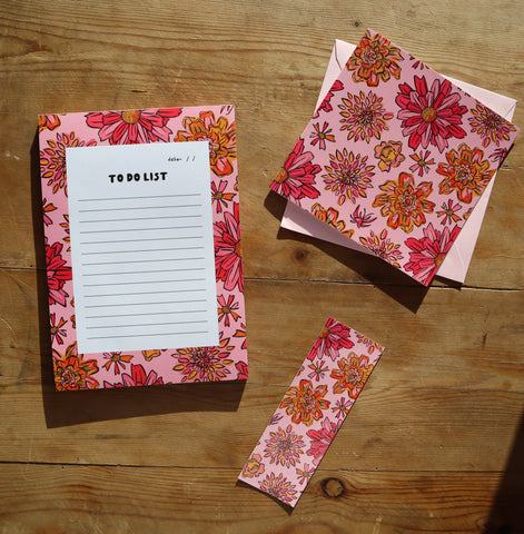 pink floral notepad and bookmark