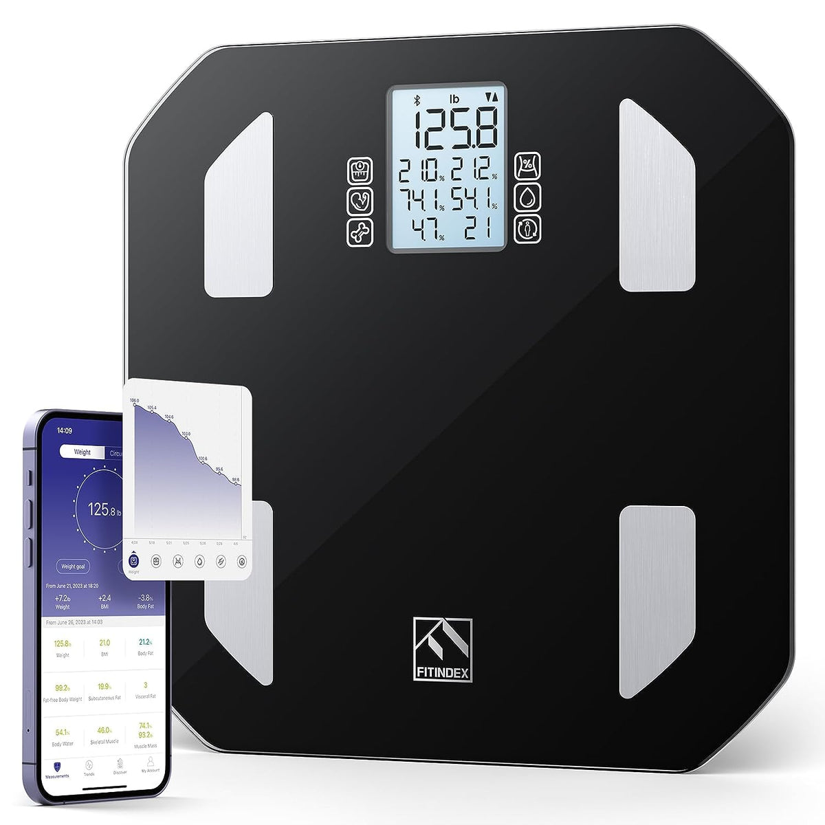 FITINDEX Wi-Fi Scale for Body Weight, Bluetooth Body Fat Scale Smart  Digital Weight BMI Scale Bathroom Scale 13 Body Composition Analysis Health  Monitor with ITO Coating Technology