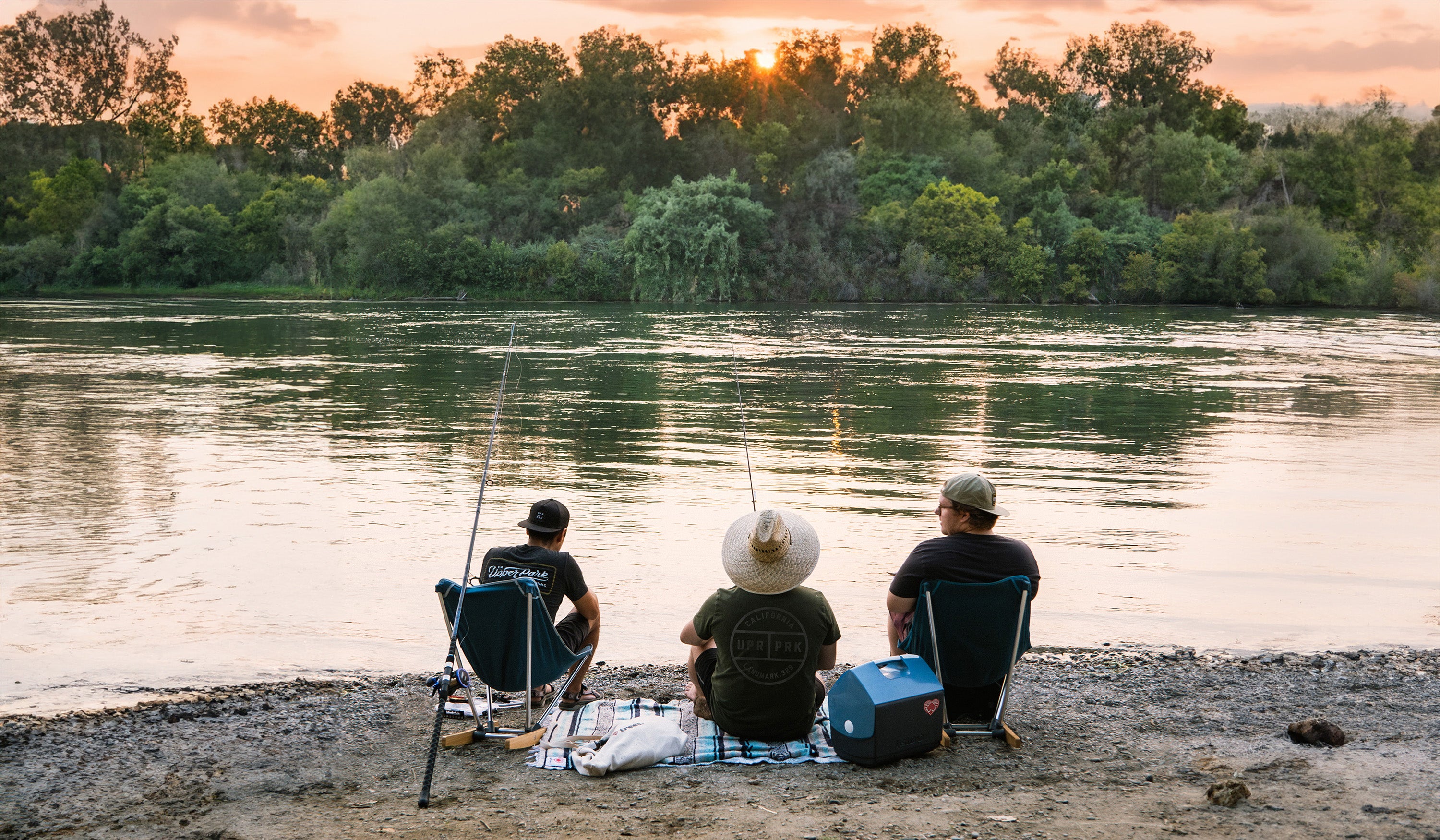 three men fishing on the sacramento river in chico, california