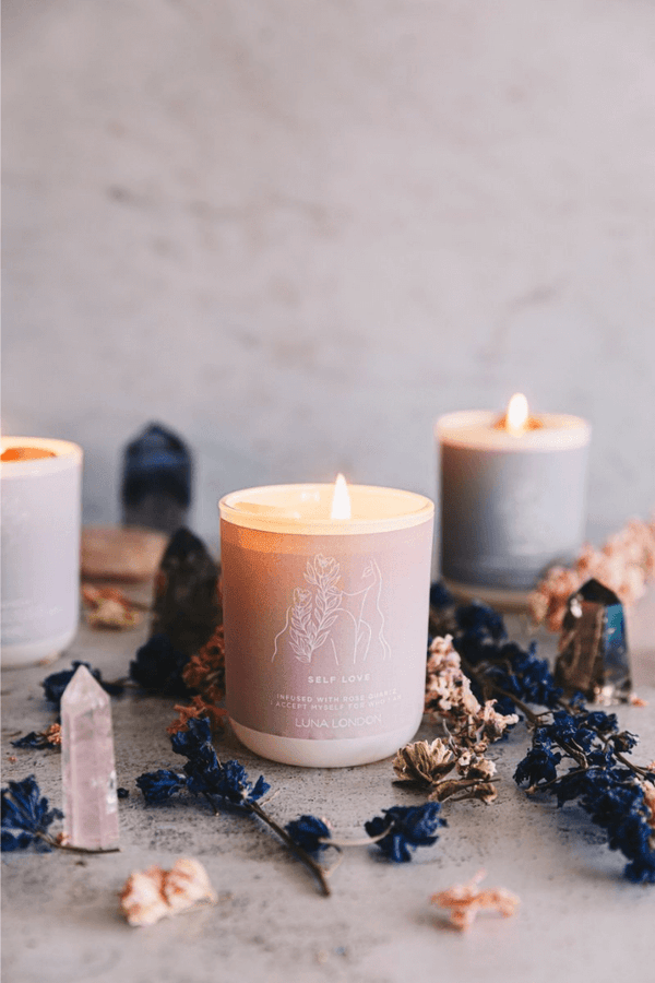 Handmade Organic Soy Wax Candle - Love Spell Rose Quartz, Lavender & Rosebud