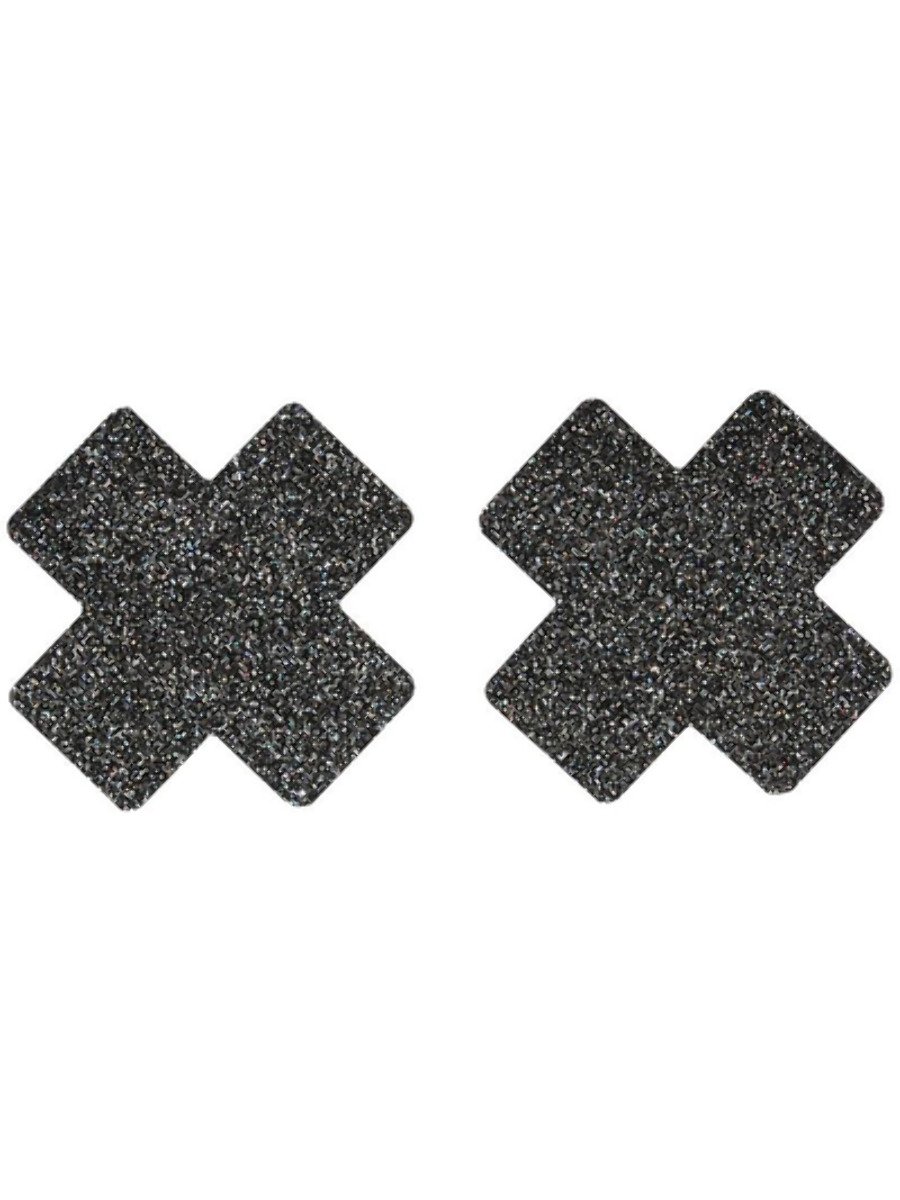 Click to view product details and reviews for Fever Small Glitter Cross Nipple Pasties Black.