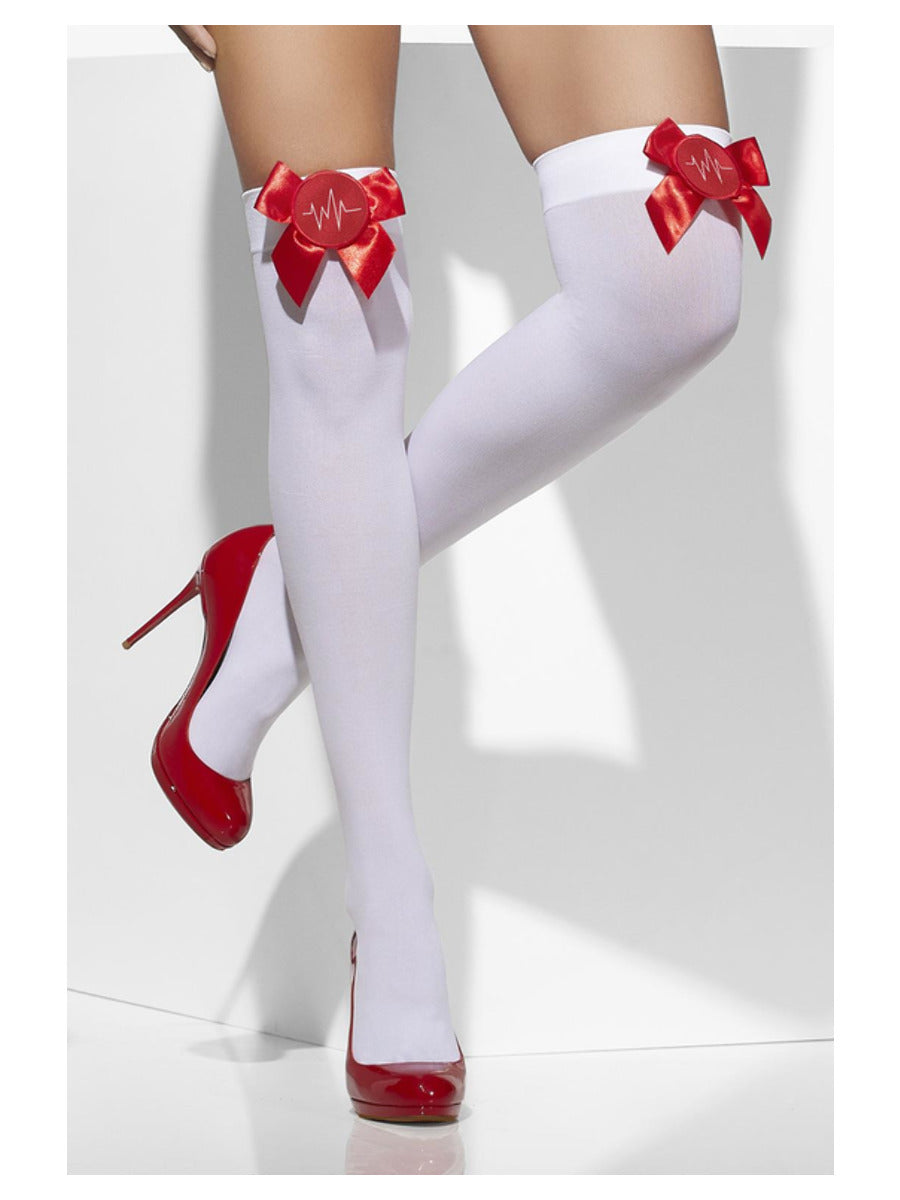 Click to view product details and reviews for Smiffys Opaque Hold Ups White With Red Bows And Cross Fancy Dress.
