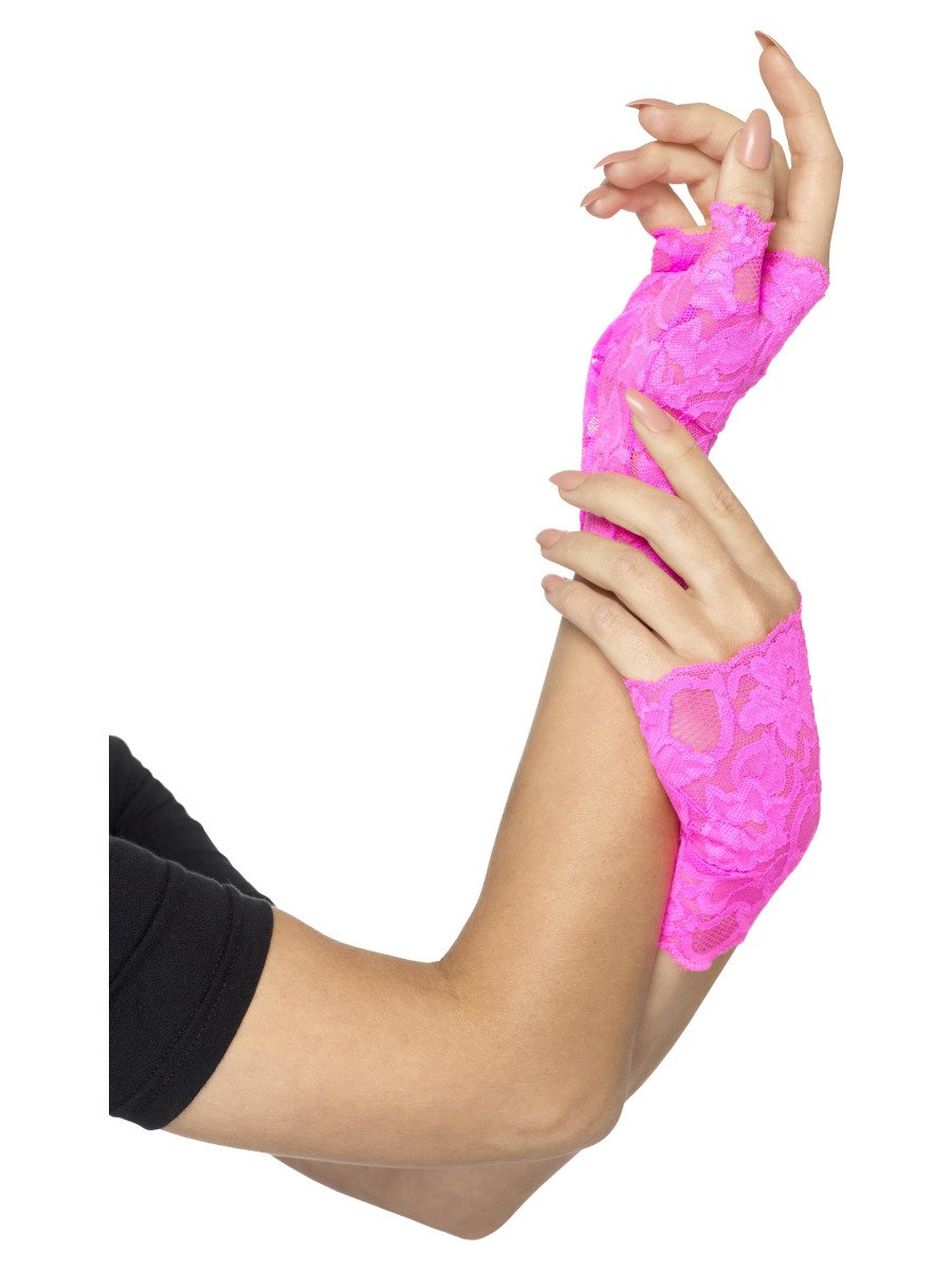 Smiffys 80s Fingerless Lace Gloves Neon Pink Fancy Dress