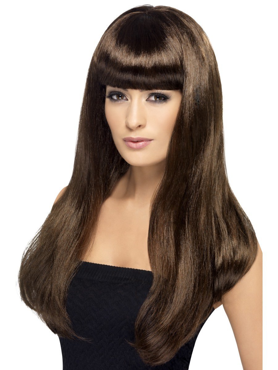 Photos - Fancy Dress Smiffys Babelicious Wig, Brown, Long, Straight with Fringe - 