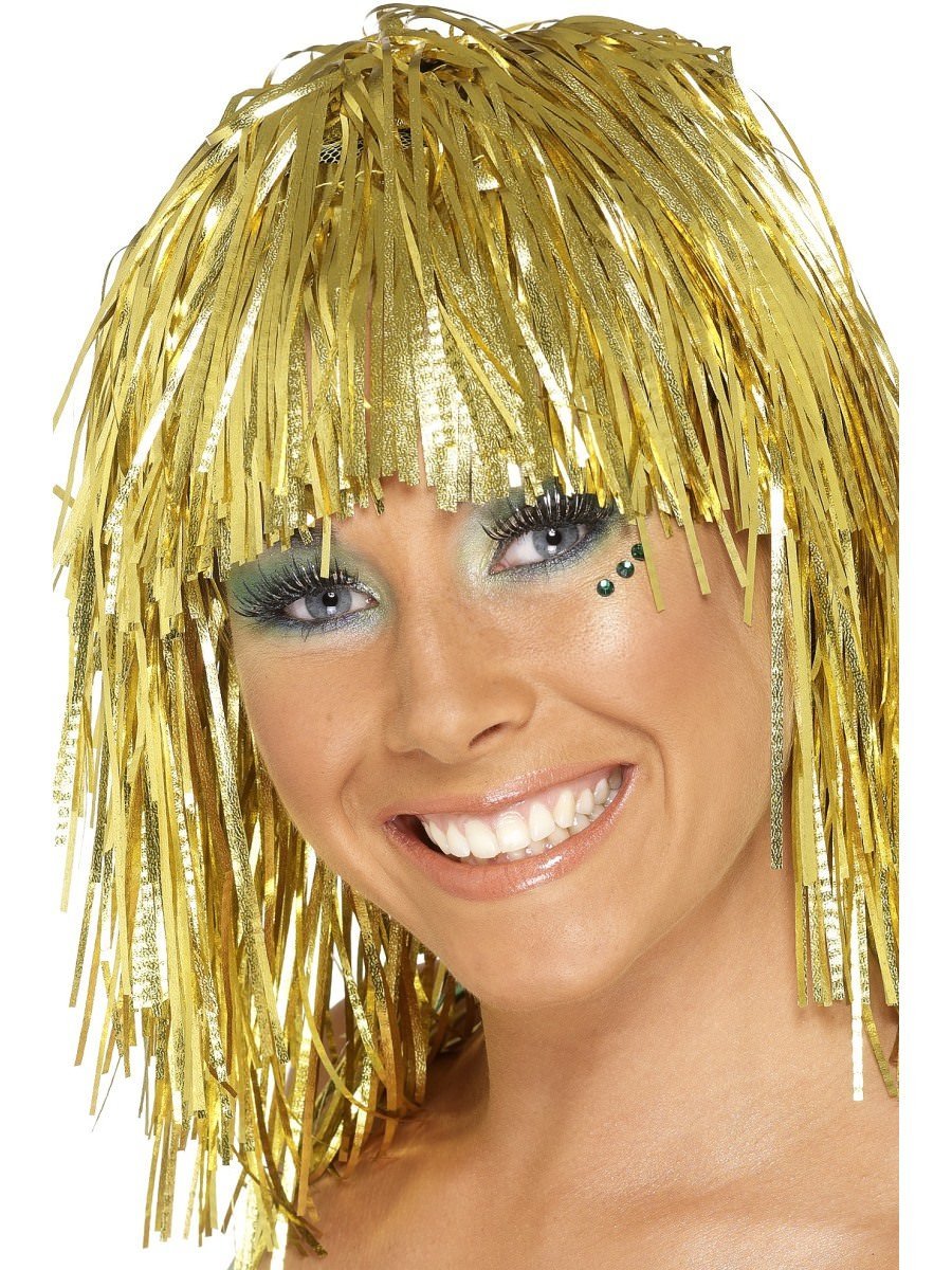 Smiffys Cyber Tinsel Wig Gold Metallic Fancy Dress