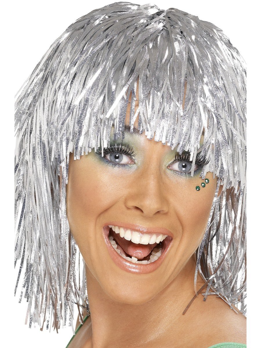 Smiffys Cyber Tinsel Wig Silver Metallic Fancy Dress