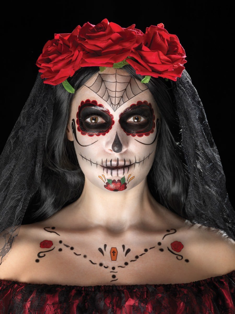 Smiffys Day Of The Dead Face Tattoo Transfers Kit Red Black Fancy Dress