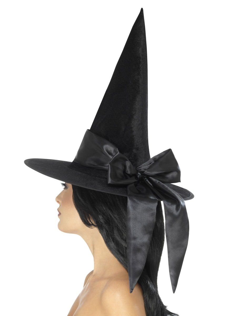 Smiffys Deluxe Witch Hat Black With Black Bow Fancy Dress