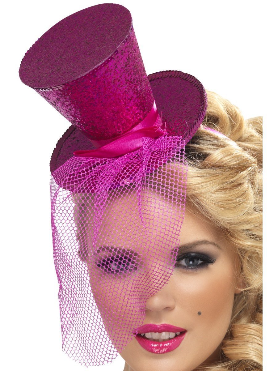 Smiffys Fever Mini Top Hat On Headband Hot Pink Fancy Dress