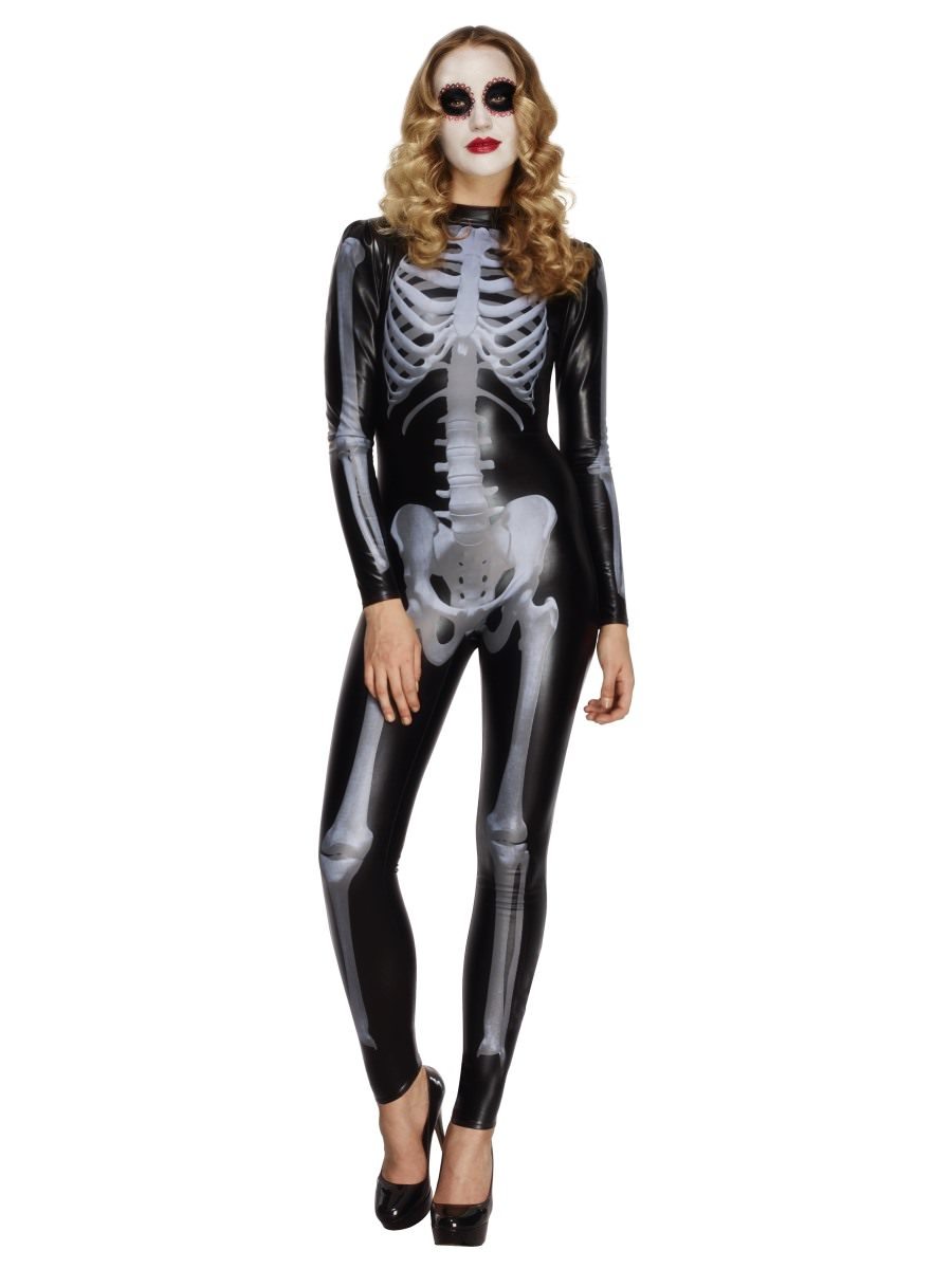 Smiffys Fever Miss Whiplash Skeleton Costume Catsuit Fancy Dress X Small Uk 4 6