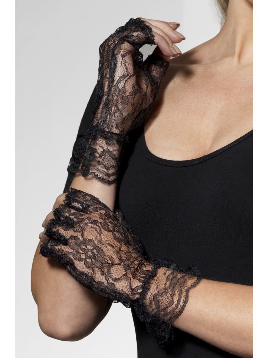 Smiffys Fingerless Lace Gloves Black Fancy Dress
