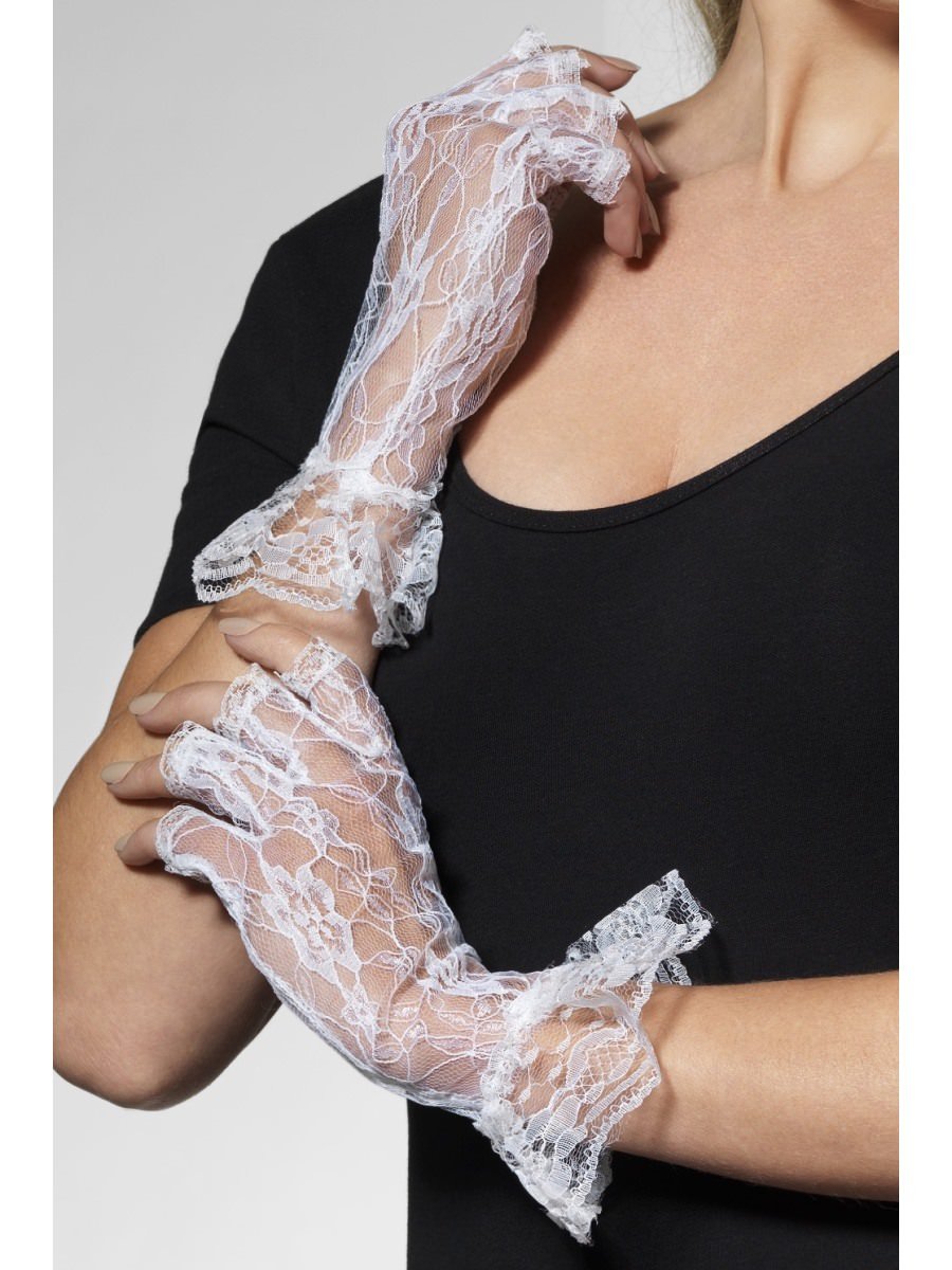Smiffys Fingerless Lace Gloves White Fancy Dress
