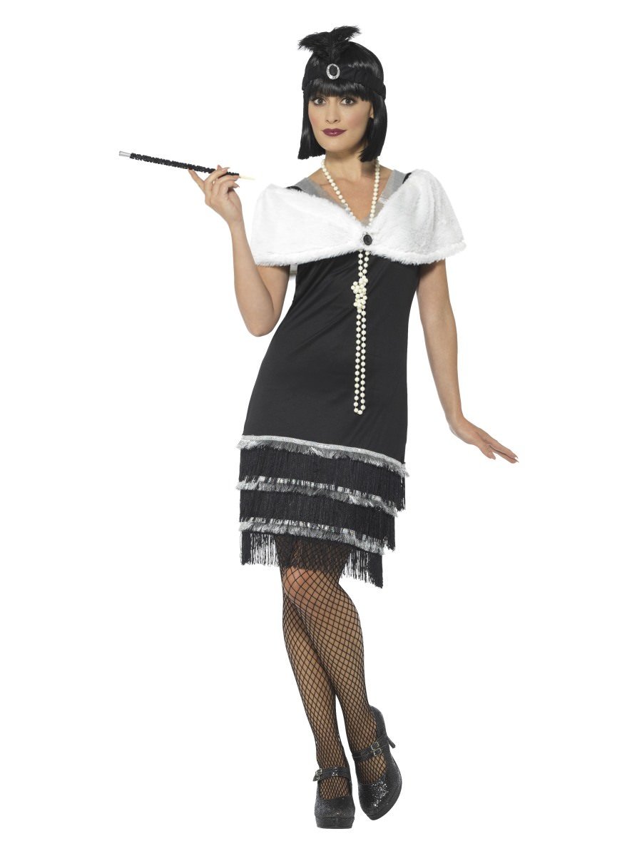 Smiffys Flapper Costume Black With Dress Fur Stole Fancy Dress Small Uk 8 10