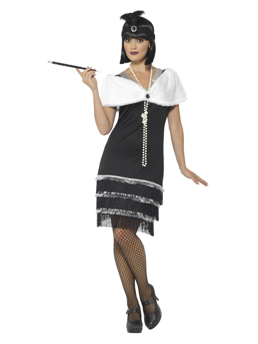 Smiffys Flapper Costume Black With Dress Fur Stole Fancy Dress Medium Uk 12 14