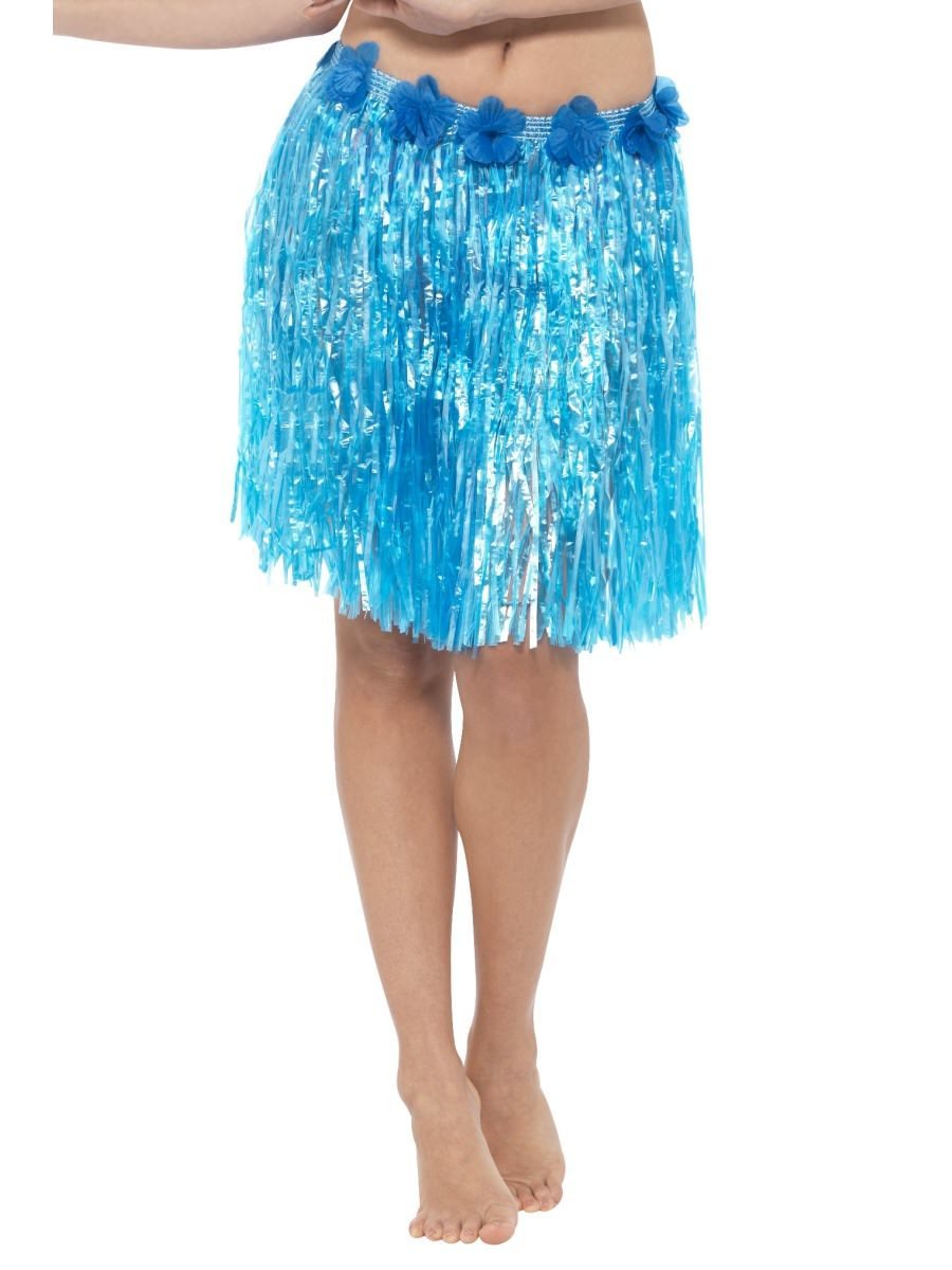 Smiffys Hawaiian Hula Skirt With Flowers Neon Blue Fancy Dress