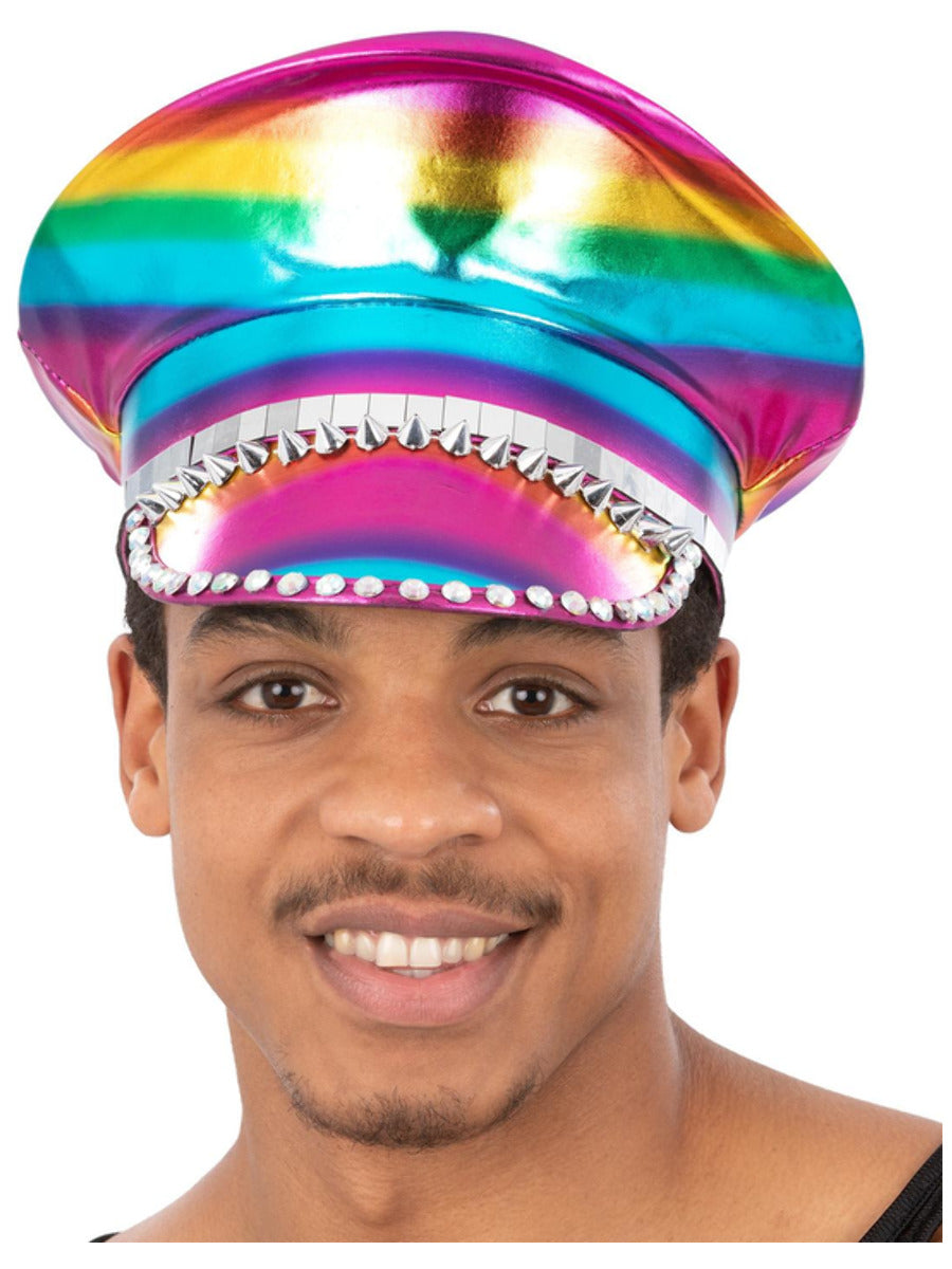 Click to view product details and reviews for Metallic Studded Rainbow Captains Hat.